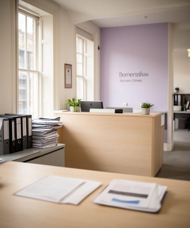 Modern London office reception near Berners Street with natural light and contract folders on a side table