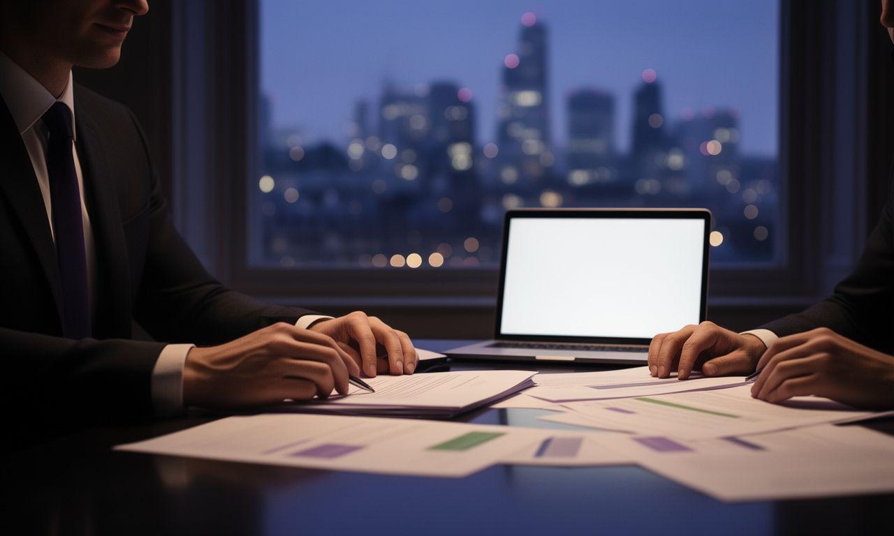 Solicitors reviewing contract documents in a refined London office with skyline light behind them