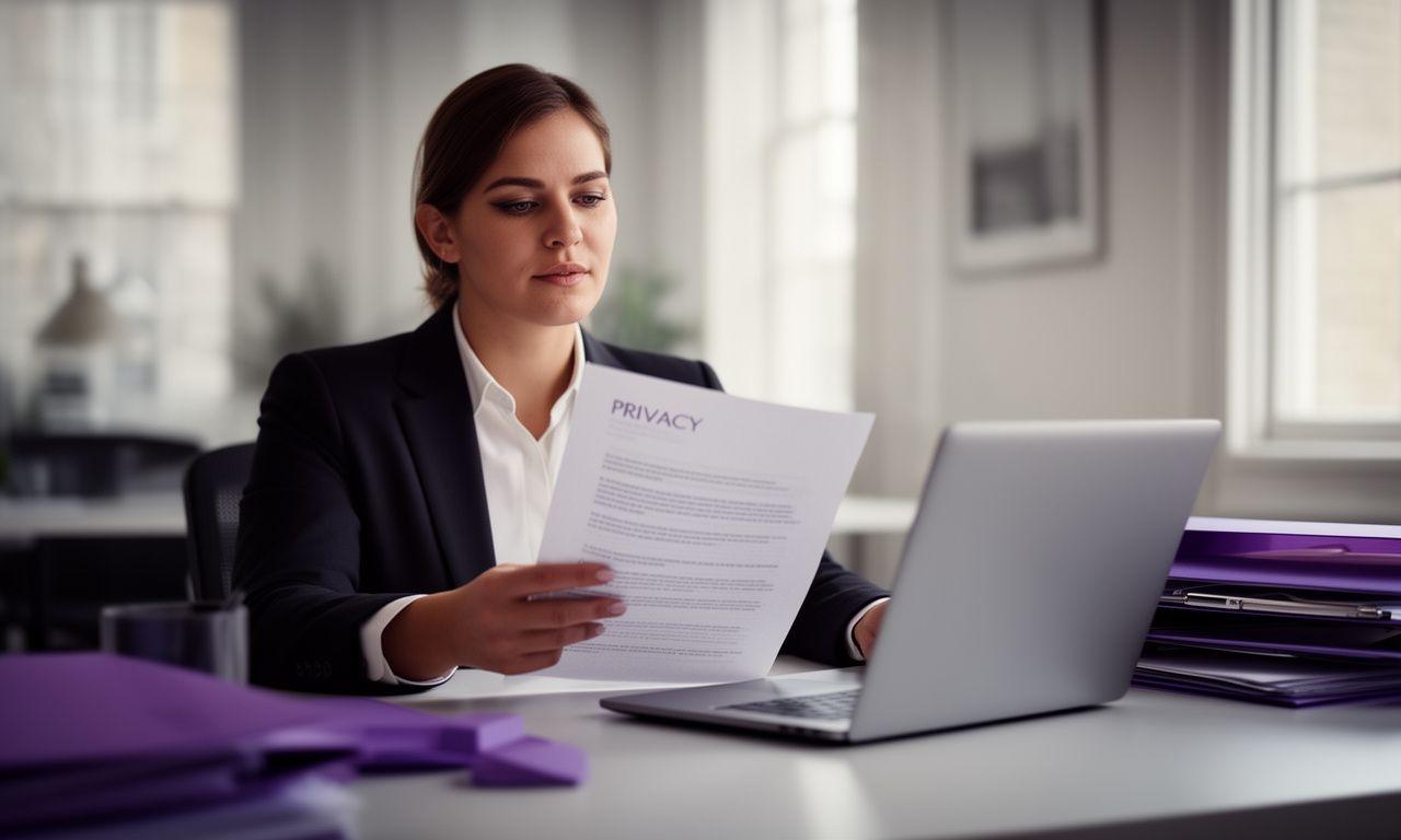 Lawyer reviewing a printed privacy policy beside a laptop in a calm London office