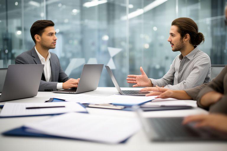 Two consultants discussing a software agreement beside laptops in a modern glass meeting room